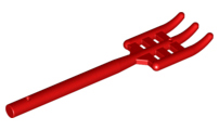 Display of LEGO part no. 95345 Minifigure, Utensil Pitchfork Type 2, Flat Bottom, Soft Plastic  which is a Red Minifigure, Utensil Pitchfork Type 2, Flat Bottom, Soft Plastic 
