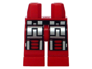 Display of LEGO part no. 970c00pb0019 Hips and Legs with Silver and Black Belt, Silver Armor Thigh Joints with Black Knee Pads Pattern (Spyrius, Exploriens)  which is a Red Hips and Legs with Silver and Black Belt, Silver Armor Thigh Joints with Black Knee Pads Pattern (Spyrius, Exploriens) 