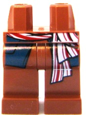Display of LEGO part no. 970c00pb0106 Hips and Legs with Dark Blue Vest Tails and Red and White Sash Pattern  which is a Reddish Brown Hips and Legs with Dark Blue Vest Tails and Red and White Sash Pattern 