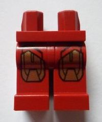 Display of LEGO part no. 970c00pb0154 Hips and Legs with Iron Man Gold Knee Plates Pattern 1  which is a Dark Red Hips and Legs with Iron Man Gold Knee Plates Pattern 1 