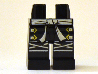Display of LEGO part no. 970c00pb0219 Hips and Legs with White Sash, Knee Wrappings, and Straps with Gold Buckles Pattern  which is a Black Hips and Legs with White Sash, Knee Wrappings, and Straps with Gold Buckles Pattern 