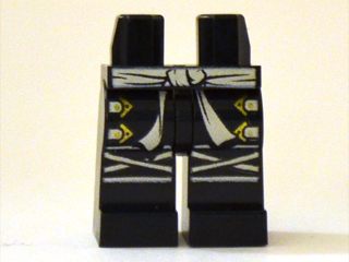 Display of LEGO part no. 970c00pb0219 Hips and Legs with White Sash, Gold Buckles and White Knee Wrapping Pattern  which is a Black Hips and Legs with White Sash, Gold Buckles and White Knee Wrapping Pattern 