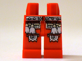 Display of LEGO part no. 970c00pb0223 which is a Red Hips and Legs with White Belt, White Tassels and Silver Outlined Knee Pads Pattern 