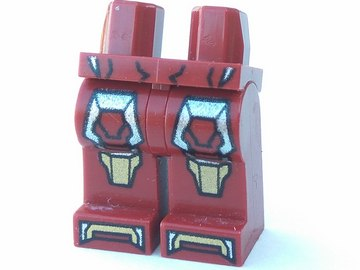 Display of LEGO part no. 970c00pb0235 which is a Dark Red Hips and Legs with Gold Kneepads, Silver Thigh Armor, and Shoe Tips Pattern (Iron Man Mark 17) 