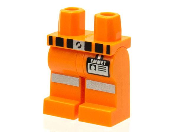 Display of LEGO part no. 970c00pb0282 Hips and Legs with Belt, Reflective Stripes and 'EMMET' Name Tag Pattern  which is a Orange Hips and Legs with Belt, Reflective Stripes and 'EMMET' Name Tag Pattern 