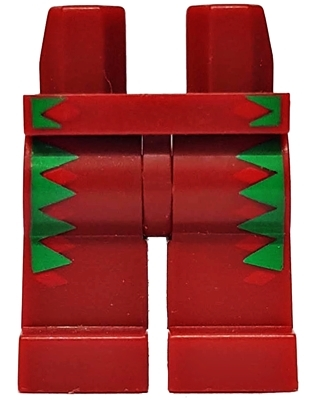 Display of LEGO part no. 970c00pb0290 Hips and Legs with Bright Green and Red Trim Pattern  which is a Dark Red Hips and Legs with Bright Green and Red Trim Pattern 