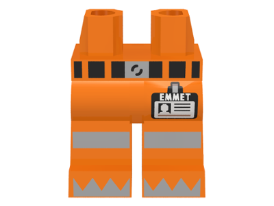 Display of LEGO part no. 970c00pb0327 which is a Orange Hips and Legs with Belt, Reflective Stripes, 'EMMET' Name Tag and Silver Triangles on Feet Pattern 