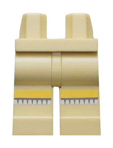 Display of LEGO part no. 970c00pb0359 Hips and Legs with Yellow Knee Stripes and White Socks Pattern  which is a Tan Hips and Legs with Yellow Knee Stripes and White Socks Pattern 