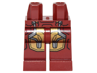 Display of LEGO part no. 970c00pb0383 Hips and Legs with Iron Man Gold and Silver Knee Plates Pattern  which is a Dark Red Hips and Legs with Iron Man Gold and Silver Knee Plates Pattern 