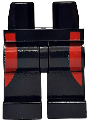 Display of LEGO part no. 970c00pb0405 Hips and Legs with Red Wetsuit Stripes on Sides Pattern  which is a Black Hips and Legs with Red Wetsuit Stripes on Sides Pattern 