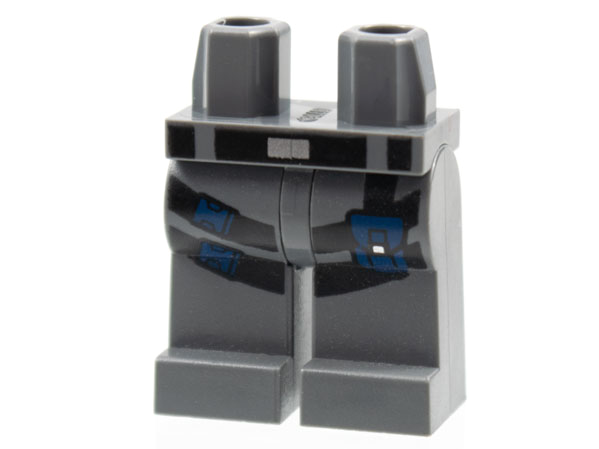 Display of LEGO part no. 970c00pb0417 Hips and Legs with Black Belt and Straps with Dark Blue Clips and Pouch Pattern  which is a Dark Bluish Gray Hips and Legs with Black Belt and Straps with Dark Blue Clips and Pouch Pattern 