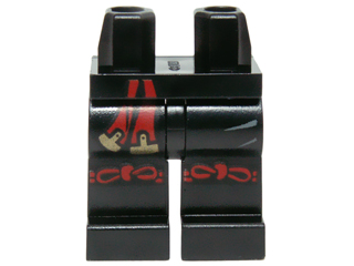 Display of LEGO part no. 970c00pb0424 Hips and Legs with Red and Gold Sash and Red Knotted Knee Straps Pattern  which is a Black Hips and Legs with Red and Gold Sash and Red Knotted Knee Straps Pattern 