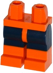 Display of LEGO part no. 970c00pb0508 which is a Orange Hips and Legs with Dark Blue Shorts Pattern 