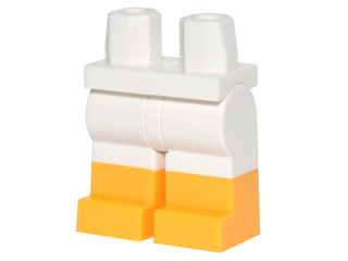 Display of LEGO part 970c00pb0516 White Hips and Legs with Molded Bright Light Orange Lower Legs Pattern