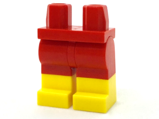 Display of LEGO part no. 970c00pb0575 which is a Red Hips and Legs with Molded Yellow Lower Legs / Boots  Pattern 