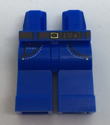 Display of LEGO part no. 970c00pb0607 which is a Blue Hips and Legs with Reddish Brown Belt, Gold Buckle and Pockets with White Stitching Jeans Pattern 