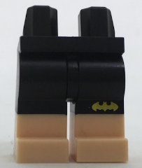 Display of LEGO part no. 970c00pb0617 Hips and Legs with Yellow Batman Logo on Shorts and Light Nougat Lower Legs Pattern  which is a Black Hips and Legs with Yellow Batman Logo on Shorts and Light Nougat Lower Legs Pattern 