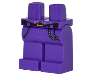 Display of LEGO part no. 970c00pb0624 which is a Dark Purple Hips and Legs with Striped Vest Tails, Black Belt with Orange Buckle, Pockets and Silver Chain Pattern 