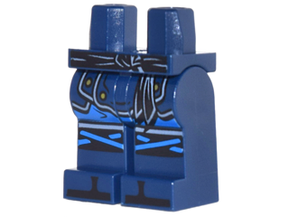 Display of LEGO part no. 970c00pb0630 which is a Dark Blue Hips and Legs with Black Sash, Armor, Blue Knee Straps and Black Zoris Pattern 