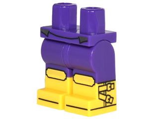 Display of LEGO part no. 970c00pb0641 which is a Dark Purple Hips and Legs with Molded Yellow Lower Legs / Boots and Printed Black Knee Pads and Straps on Sides Pattern 