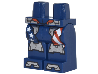 Display of LEGO part no. 970c00pb0650 Hips and Legs with Stars and Stripes Armor Plates, Silver Knee Plates and Boot Tips Pattern  which is a Dark Blue Hips and Legs with Stars and Stripes Armor Plates, Silver Knee Plates and Boot Tips Pattern 