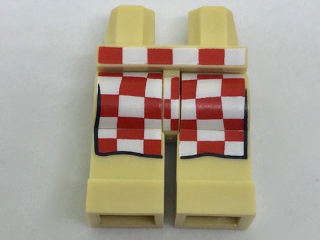 Display of LEGO part no. 970c00pb0669 which is a Tan Hips and Legs with Red and White Checkered Apron Pattern 