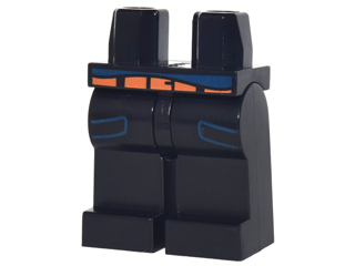 Display of LEGO part no. 970c00pb0696 Hips and Legs with Dark Blue Pockets and Shirt Tail and Orange Belt Pattern  which is a Black Hips and Legs with Dark Blue Pockets and Shirt Tail and Orange Belt Pattern 