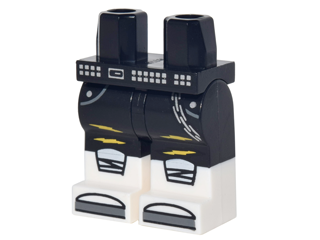 Display of LEGO part no. 970c00pb0705 which is a Black Hips and Legs with Pockets, Silver Chain and Belt, Yellow Lightning, Knee Pads, and White Boots with Dark Bluish Gray Tips Pattern 