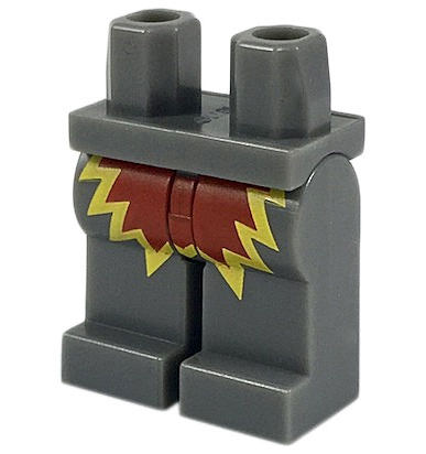 Display of LEGO part no. 970c00pb0806 which is a Dark Bluish Gray Hips and Legs with Red and Yellow Explosion Pattern 