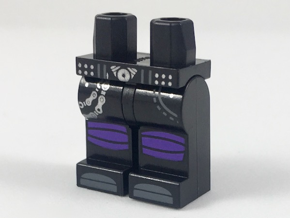 Display of LEGO part no. 970c00pb0819 Hips and Legs with Silver Buckle and Chain, Dark Purple Knee Wrappings, Dark Bluish Gray Toes Pattern  which is a Black Hips and Legs with Silver Buckle and Chain, Dark Purple Knee Wrappings, Dark Bluish Gray Toes Pattern 