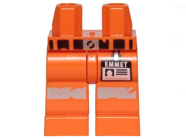Display of LEGO part no. 970c00pb0897 Hips and Legs with Belt, Worn Reflective Stripes and 'EMMET' Name Tag Pattern  which is a Orange Hips and Legs with Belt, Worn Reflective Stripes and 'EMMET' Name Tag Pattern 