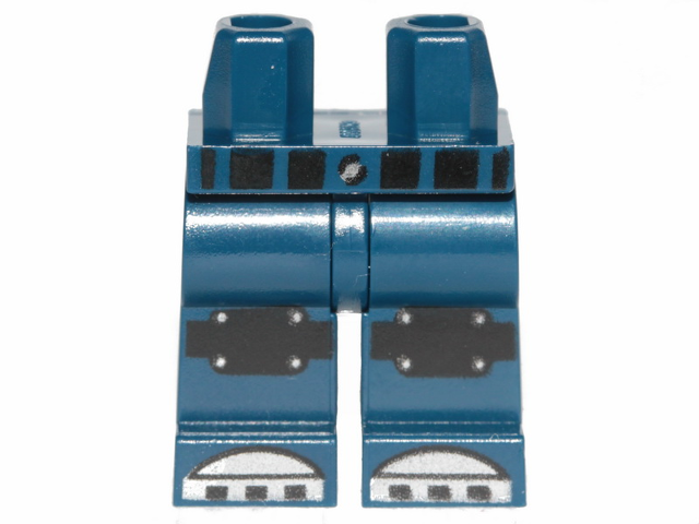 Display of LEGO part no. 970c00pb0903 Hips and Legs with Black Knee Pads with Belts and Silver Toe Plates Pattern  which is a Dark Blue Hips and Legs with Black Knee Pads with Belts and Silver Toe Plates Pattern 