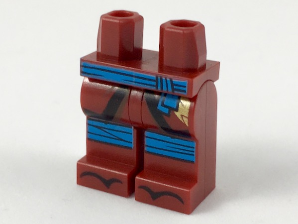 Display of LEGO part no. 970c00pb0906 which is a Dark Red Hips and Legs with Dark Azure Sash and Knee Wrappings, Gold Dragon Section, Black Coattails and Zori Sandals Pattern 