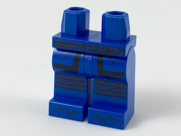 Display of LEGO part no. 970c00pb0907 which is a Blue Hips and Legs with Dark Sash and Knee Wrappings, Black Coattails and Zori Sandals Pattern 