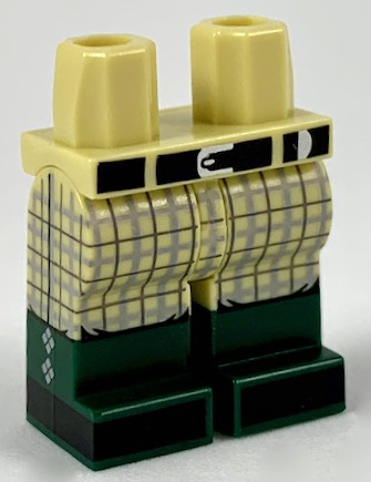 Display of LEGO part no. 970c00pb0926 which is a Tan Hips and Legs with Molded Dark Green Lower Legs / Boots and Printed Black Belt and Shoes, Silver Buckle, and Light Bluish Gray Tartan Plaid Pants Pattern 