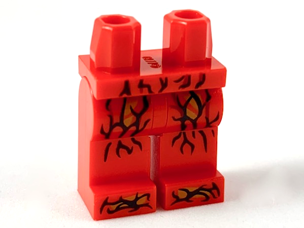 Display of LEGO part no. 970c00pb0938 which is a Red Hips and Legs with Jagged Black Tendrils Pattern 