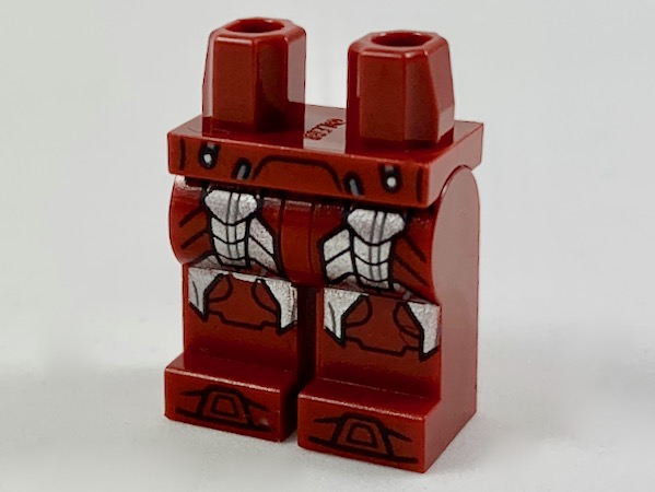 Display of LEGO part no. 970c00pb0949 Hips and Legs with Silver and Black Armor Panels Pattern  which is a Dark Red Hips and Legs with Silver and Black Armor Panels Pattern 