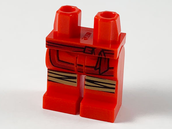 Display of LEGO part no. 970c00pb0979 which is a Red Hips and Legs with Dark Sash and Knee Wrappings Pattern 