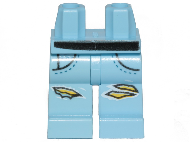 Display of LEGO part no. 970c00pb0996 which is a Bright Light Blue Hips and Legs with Ripped Denim Pants, Pockets, Black Belt Pattern 