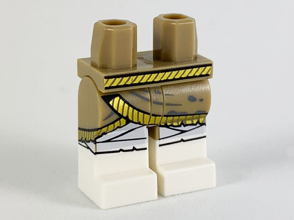 Display of LEGO part no. 970c00pb1002 which is a Dark Tan Hips and Legs with White Boots, Gold Belt, Skirt Hem and Legs Wrappings Pattern 