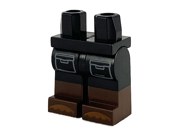Display of LEGO part no. 970c00pb1003 which is a Black Hips and Legs with Dark Brown Boots, Light Bluish Gray Pocket Outlines and Reddish Brown Toes Pattern 