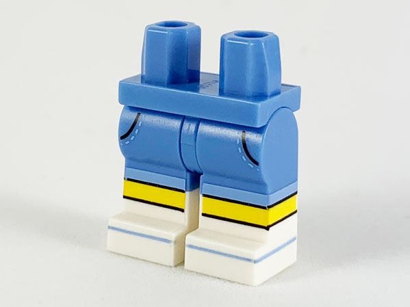 Display of LEGO part no. 970c00pb1005 which is a Medium Blue Hips and Legs with Molded White Lower Legs / Boots and Printed Stripe on Toes, Yellow Knees, and Black Pocket Lines on Shorts Pattern 