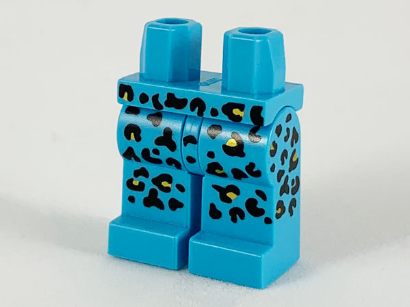 Display of LEGO part no. 970c00pb1008 which is a Medium Azure Hips and Legs with Black and Gold Leopard Print Pattern 