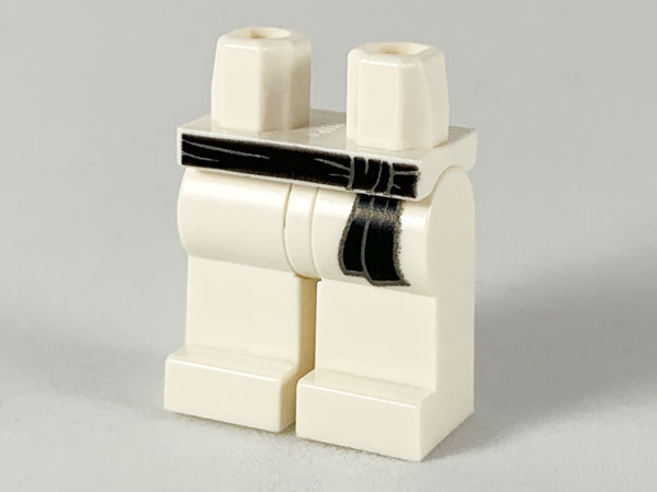 Display of LEGO part no. 970c00pb1013 Hips and Legs with Black Sash Tied on the Right Pattern  which is a White Hips and Legs with Black Sash Tied on the Right Pattern 