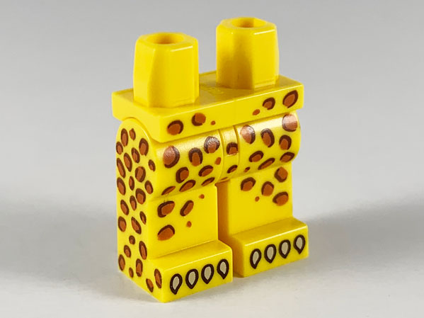 Display of LEGO part no. 970c00pb1039 which is a Yellow Hips and Legs with Dark Orange Leopard Spots and White Claws Pattern 