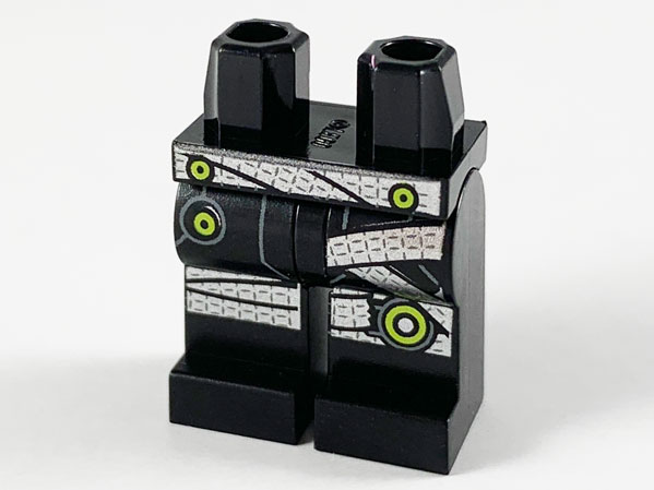 Display of LEGO part no. 970c00pb1053 which is a Black Hips and Legs with Silver Belt and Wrappings, Lime Circles Pattern 
