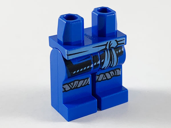 Display of LEGO part no. 970c00pb1063 which is a Blue Hips and Legs with Medium Sash, Dark Bluish Gray Knee Wrappings Pattern 