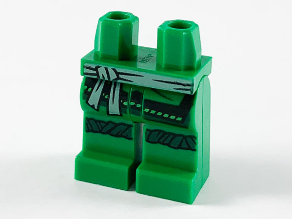 Display of LEGO part no. 970c00pb1064 which is a Green Hips and Legs with Light Bluish Gray Sash, Dark Knee Wrappings Pattern 
