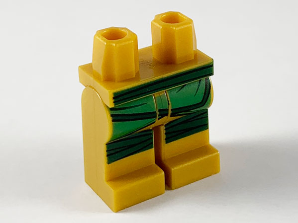 Display of LEGO part no. 970c00pb1070 Hips and Legs with Dark Green Belt and Knee Wrappings, Green Coattails Pattern  which is a Pearl Gold Hips and Legs with Dark Green Belt and Knee Wrappings, Green Coattails Pattern 