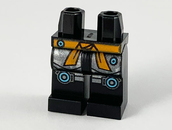 Display of LEGO part no. 970c00pb1072 which is a Black Hips and Legs with Orange Sash, Silver Armor Plates and Medium Azure Circles Pattern 